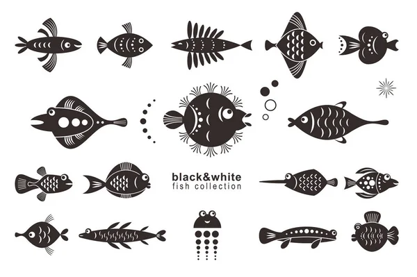 Creative Collection Cartoon Black Marine Fish Isolated White Background — Stock Vector
