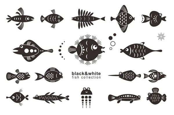 Collection Créative Dessins Animés Poissons Marins Noirs Isolés Sur Fond — Image vectorielle