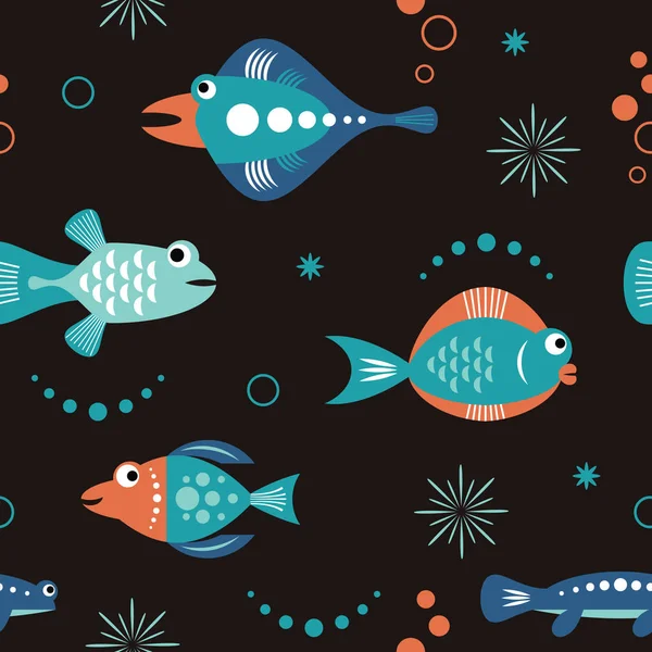 Siyah Arka Plan Üzerinde Karikatür Renkli Balık Ile Dikişsiz Desen — Stok Vektör