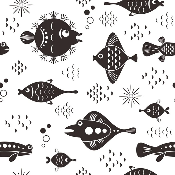 Collezione Creativa Cartone Animato Nero Pesce Marino Isolato Sfondo Bianco — Vettoriale Stock
