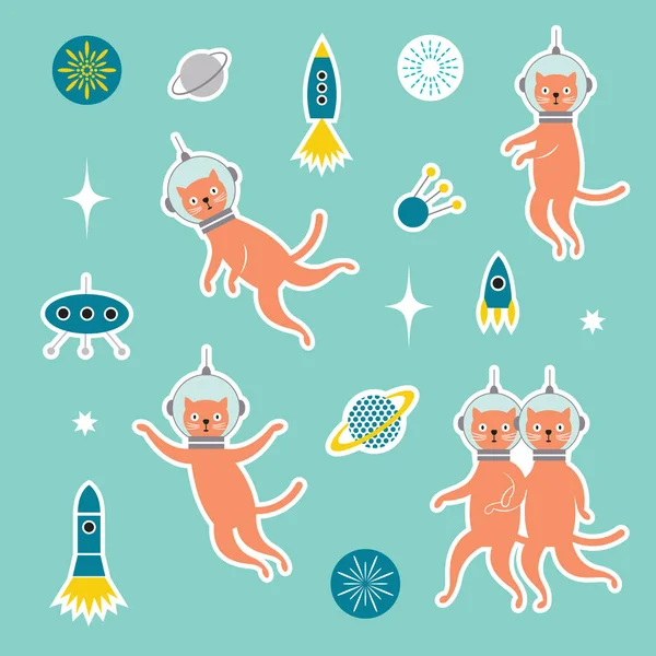 Set Pegatinas Con Gatos Astronautas Ilustración Vectorial — Vector de stock