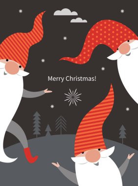 Koyu arka planda kırmızı şapkalı Noel cüceleri