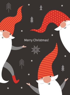 Koyu arka planda kırmızı şapkalı Noel cüceleri