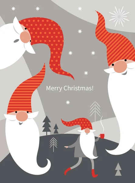 灰色背景上戴着红帽子的圣诞矮人 — 图库矢量图片
