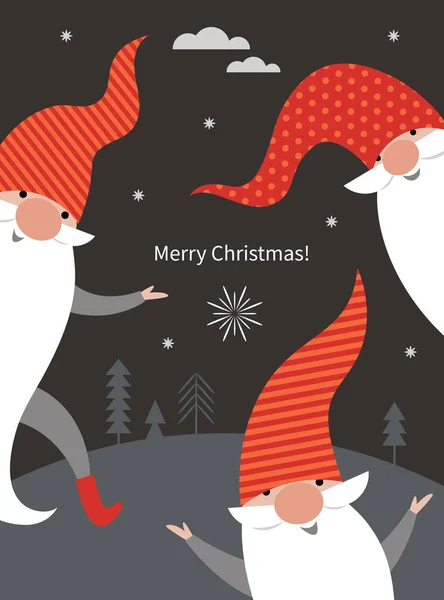 Рождественские Карлики Красных Шляпах Тёмном Фоне — стоковый вектор