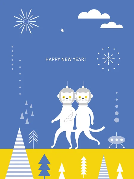 Kedi Astronotlar Ile Yeni Yıl Tebrik Kartı — Stok Vektör