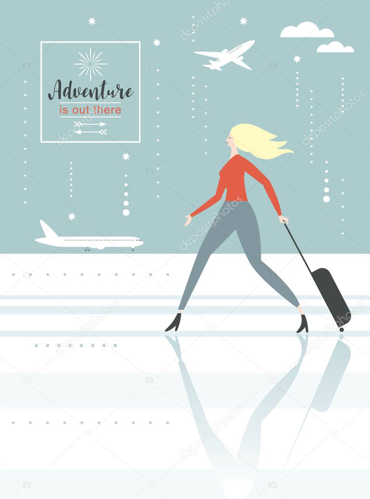 adventure, woman with suitcase walking towards airplane