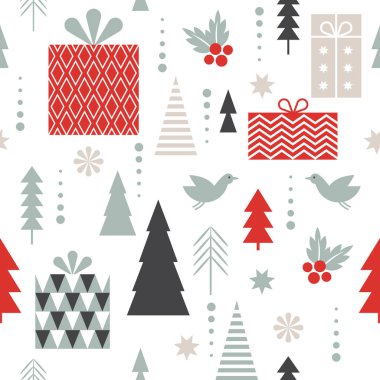 Köknar ağaçları ve hediye kutuları seti, Noel konsepti.