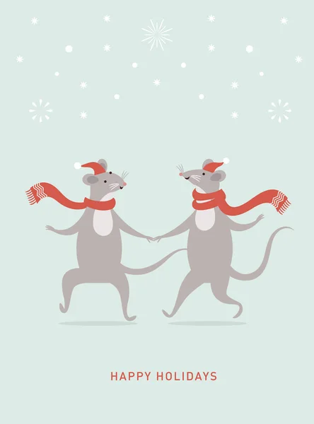 Мыши Танцуют Красных Шляпах Рождественская Концепция — стоковый вектор