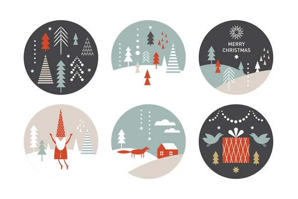 有矮人和树的一组圆圈 圣诞节的概念 — 图库矢量图片