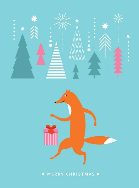 Fox Walking Present Forest Christmas Concept — ストックベクタ