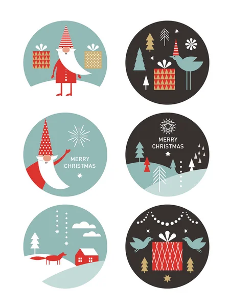 Conjunto Círculos Con Enanos Árboles Concepto Navidad — Archivo Imágenes Vectoriales