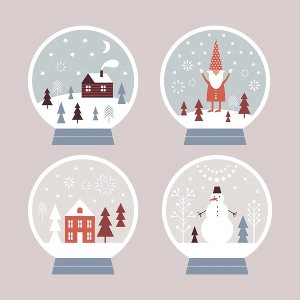 Snow Globes Houses Dwarf Christmas Concept — ストックベクタ
