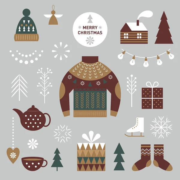 Σετ Ζεστών Χειμωνιάτικων Ρούχων Χριστουγεννιάτικα Σχέδια — Διανυσματικό Αρχείο