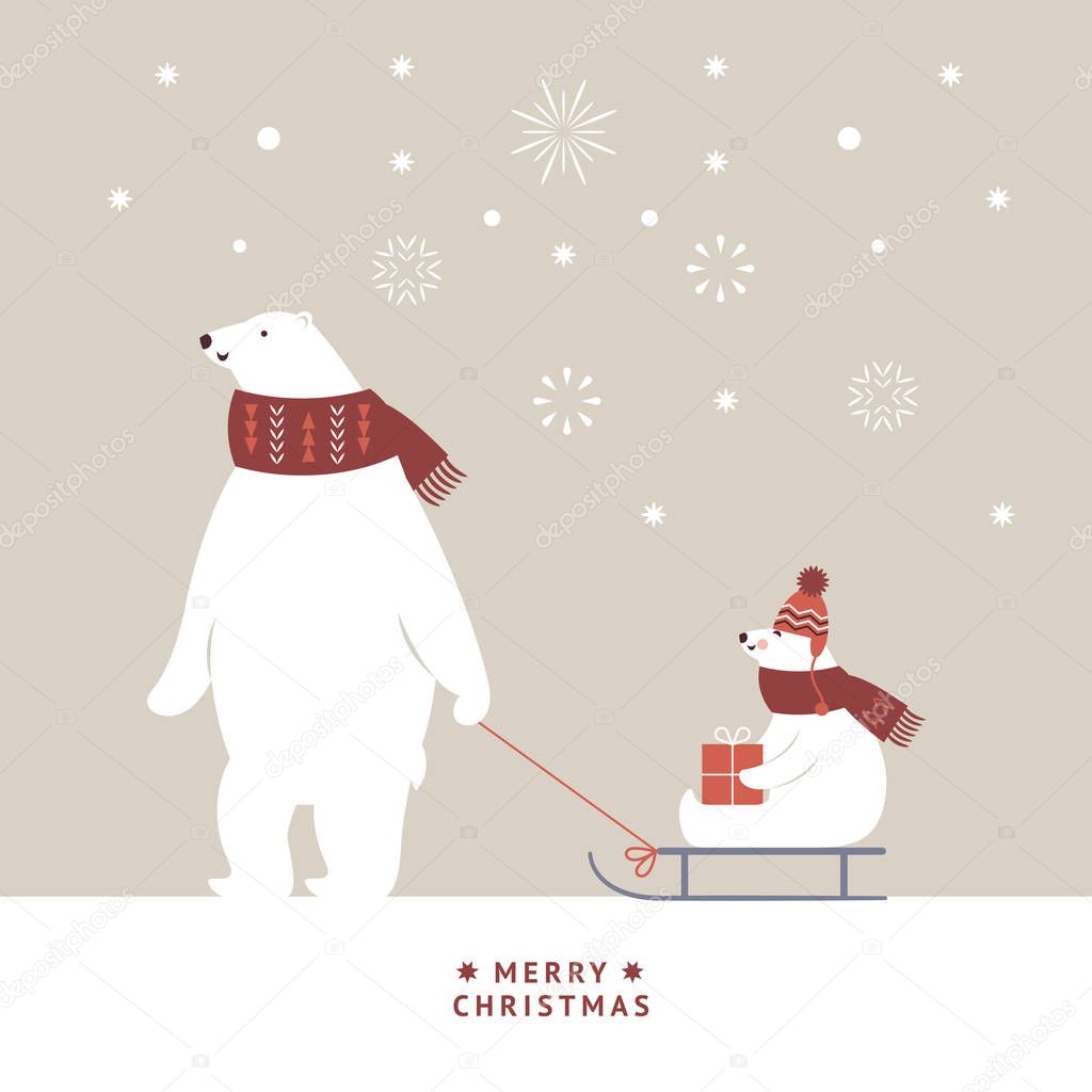 bear with sleigh and kid, christmas concept