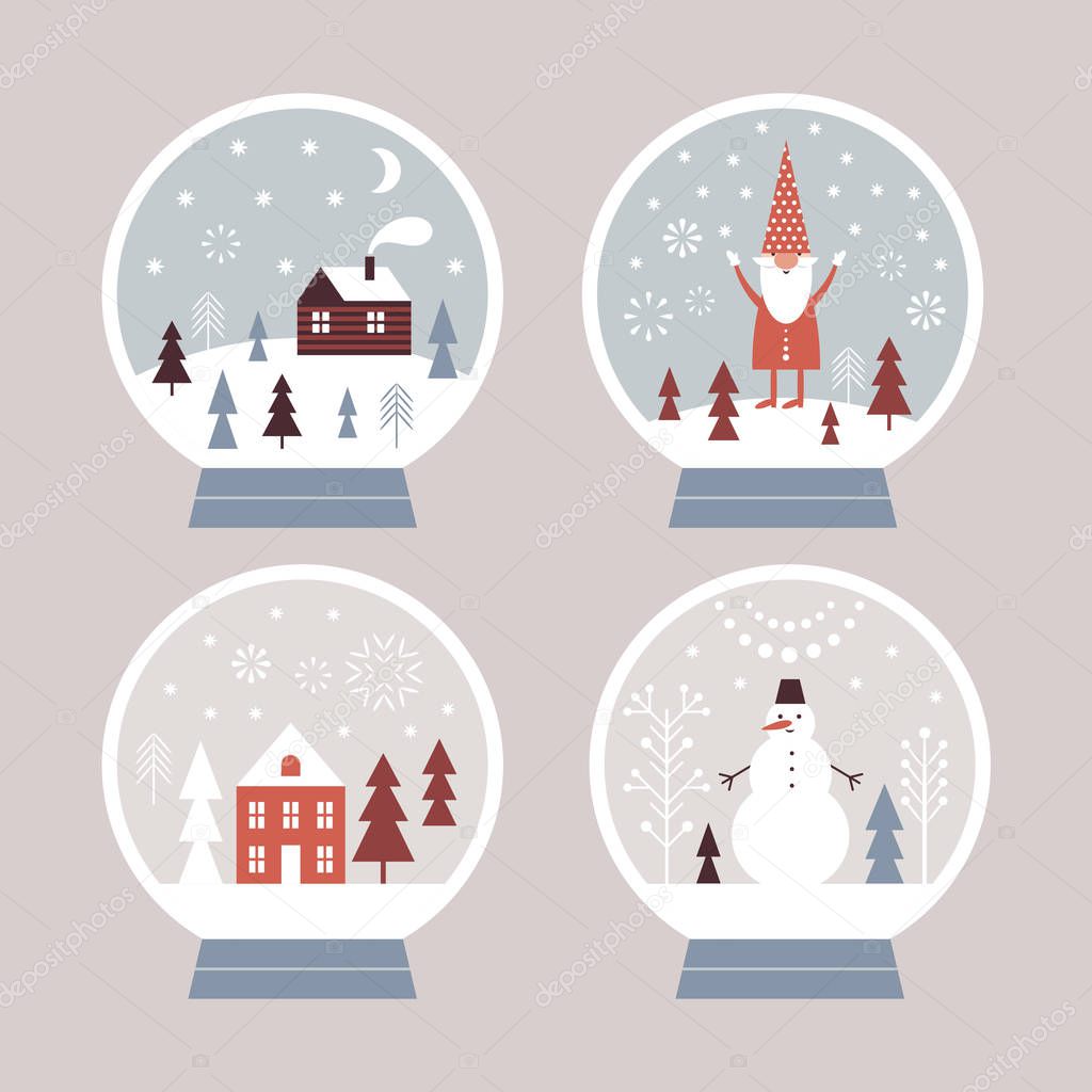 snow globes with houses and dwarf, christmas concept