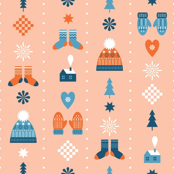 Nahtloser Weihnachtlicher Hintergrund Winterliche Strickmützen Fäustlinge Und Socken — Stockvektor