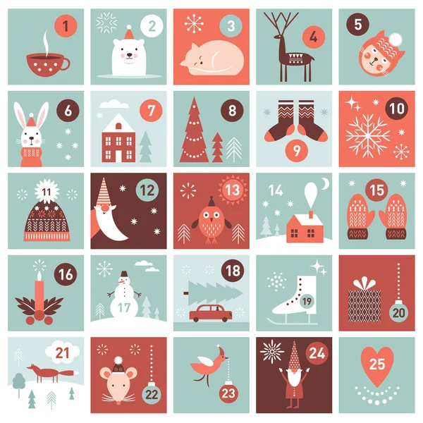 Calendario Adviento Navidad Colección Imprimible Imágenes Colección — Vector de stock