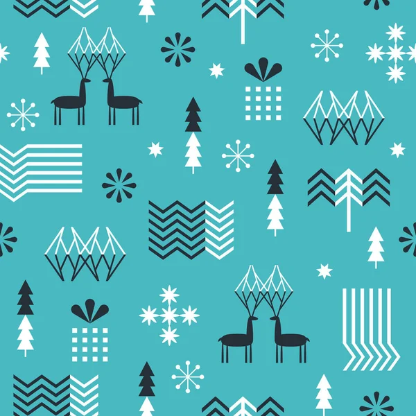 Naadloos Kerstpatroon Met Gestileerde Sneeuwvlokken Herten Bomen Geometrische Vormen Stoffen — Stockvector