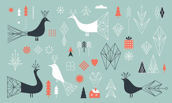 Stel Ontwerpelementen Trendy Geometrische Vormen Gestileerde Vogels Bomen Sneeuwvlokken Toepasselijkheid — Stockvector