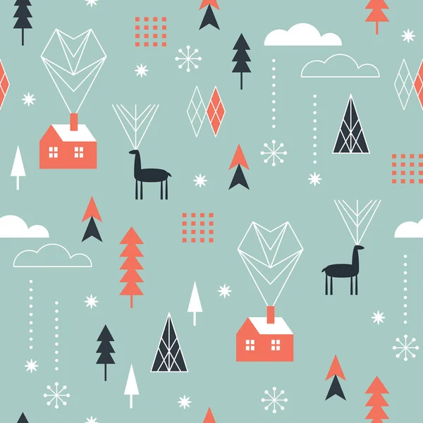 Modèle Noël Sans Couture Avec Flocons Neige Stylisés Maisons Hiver — Image vectorielle