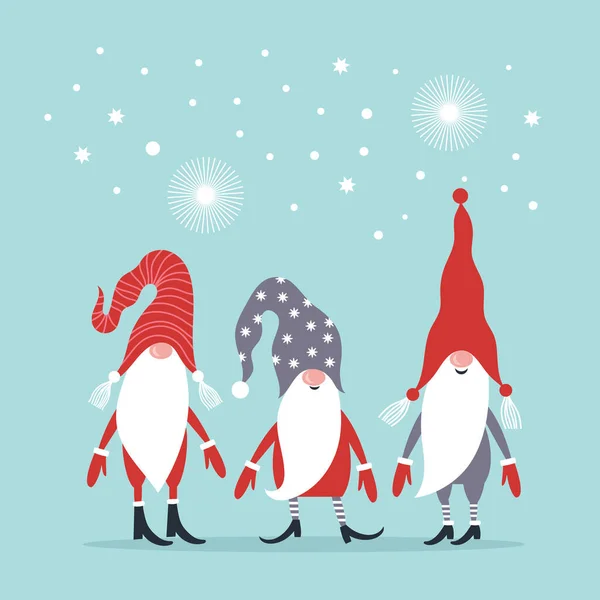 圣诞贺卡 新年快乐 圣诞快乐 戴着帽子的可爱的Gnomes 献上节日的问候 — 图库矢量图片