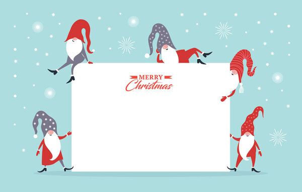 Christmas banner with place for your text. Christmas greeting card. Happy New Year. Merry Christmas. Cute Gnomes in hats. Seasons Greetings.