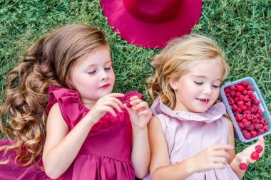 bir yaz doğa üzerindeki Girlfriends iki kız portresi