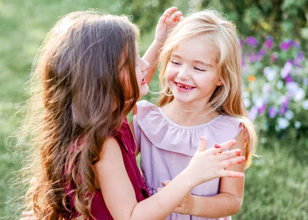 Portret Van Twee Meisjes Van Vriendinnen Een Zomer Aard — Stockfoto