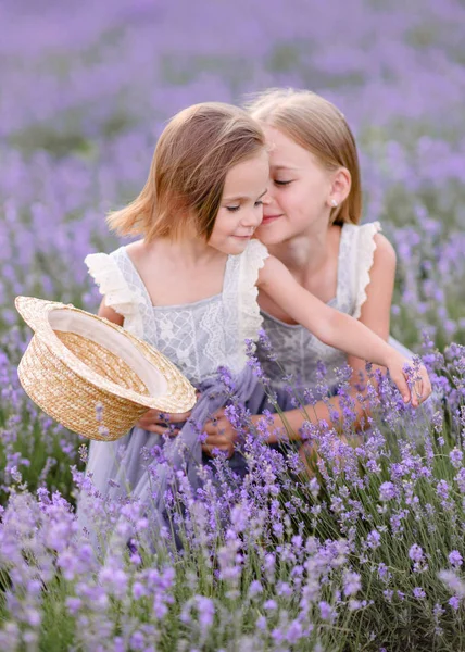 Porträtt Två Systrar Ett Lavendelfält — Stockfoto