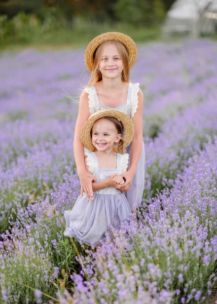 Portret Van Twee Zussen Een Lavendel Veld — Stockfoto