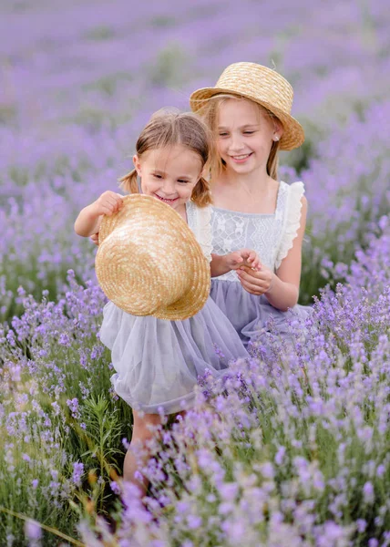 Retrato Dos Hermanas Campo Lavanda —  Fotos de Stock