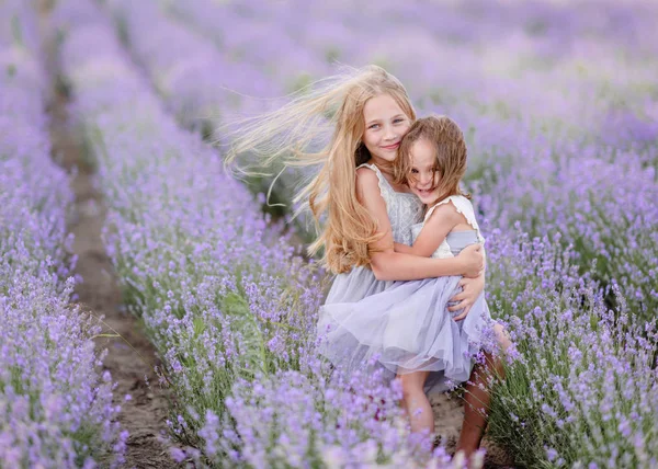 Portret Van Twee Zussen Een Lavendel Veld — Stockfoto