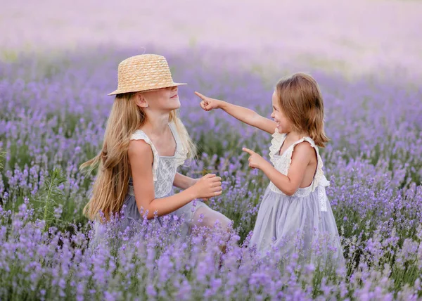 Portret Van Twee Zussen Een Lavendel Veld — Stockfoto