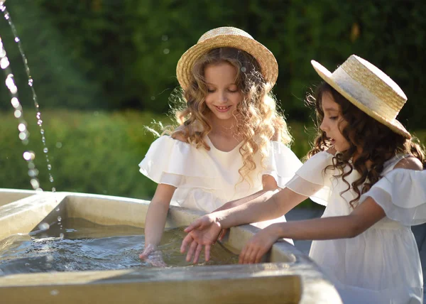 Portret Van Twee Meisjes Van Vriendinnen Een Zomer Aard — Stockfoto