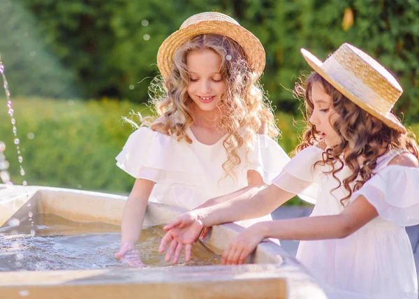 Portret Van Twee Meisjes Van Vriendinnen Een Zomer Aard — Stockfoto