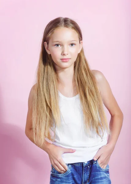 Portrait of little model girl in studio — Stock Photo, Image