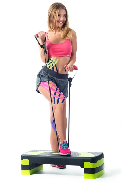 Chica Deportes Cintas Kinesio Pegadas Vientre Concepto Deporte Estilo Vida — Foto de Stock