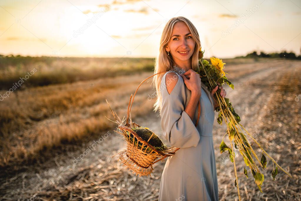 Charming young caucasian woman in blue dress walks in field with mowed wheat on sunny summer day holding basket and sunflowers in hands. Concept of beginning of autumn and enjoyment of last warm days