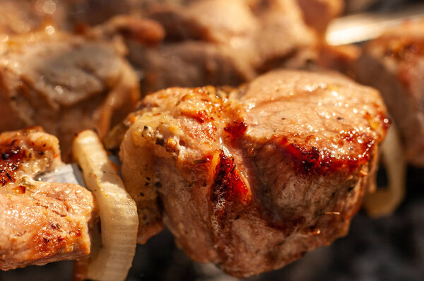 Closeup of tasty meat skewers being grilled in a barbecue