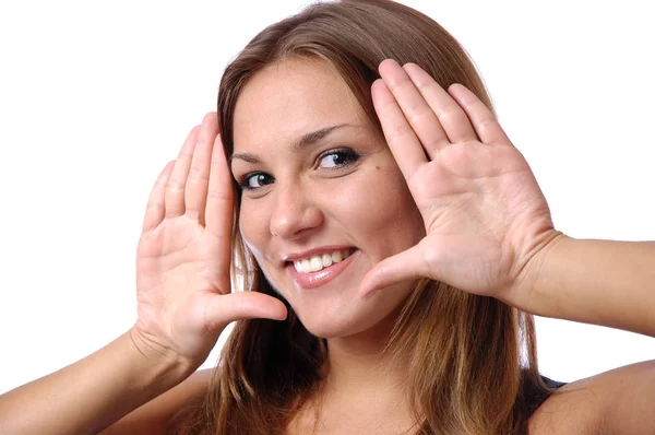 Girl laughs and shows palms near the face — Stock Photo, Image