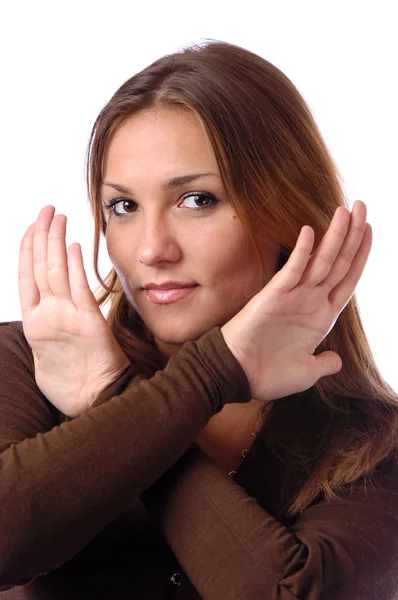 Girl shows palms near the face — Stock Photo, Image