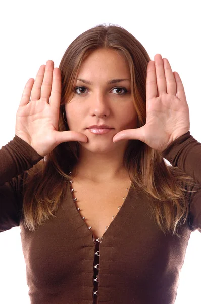 Girl shows palms near the face — Stock Photo, Image