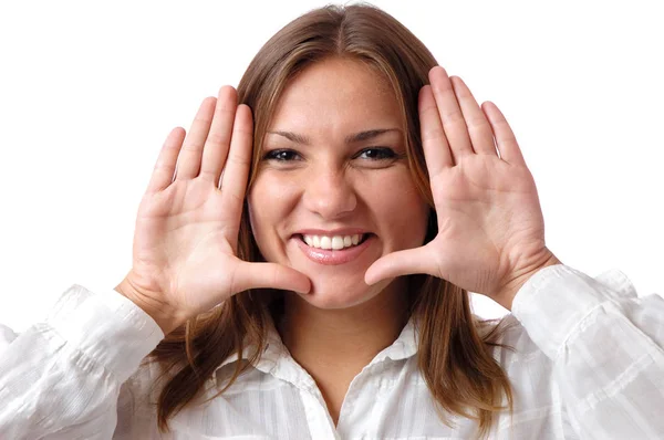 Girl shows palms near the face — Stock Photo, Image