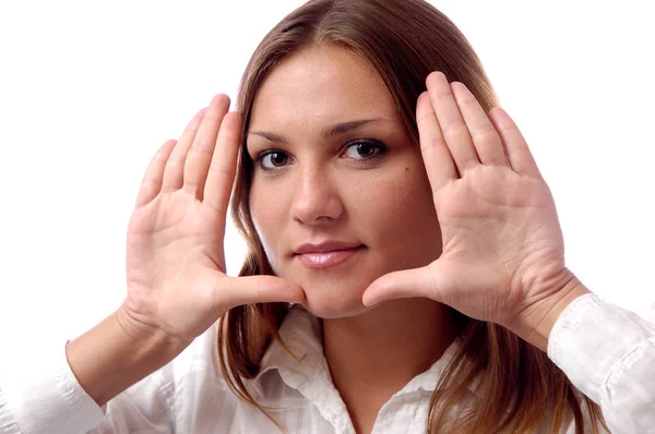 Girl shows palms near the face — Stock Photo, Image