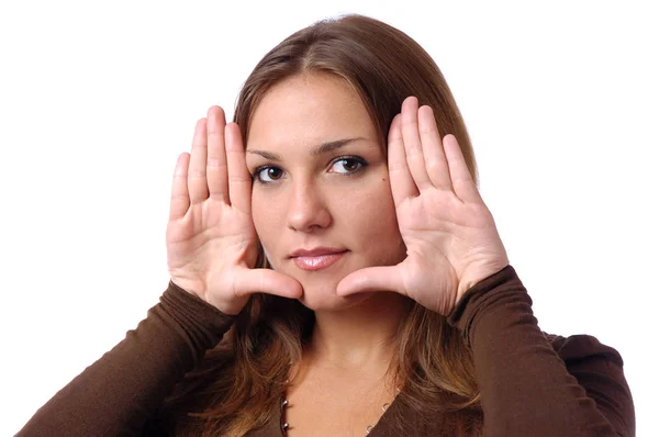 Girl shows palms near the face — Stock Photo, Image