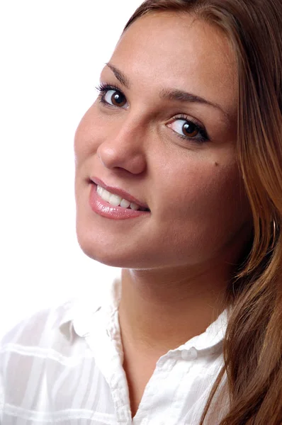 Young beautiful girl's face on a white background — Stock Photo, Image