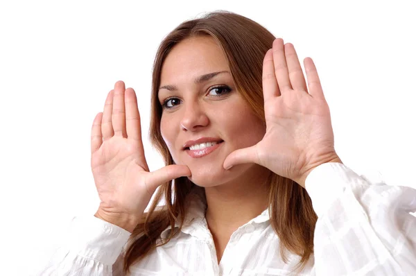 Girl shows palms near the face — Stock Photo, Image