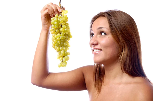 Chica hambrienta quiere comer deliciosas uvas jugosas — Foto de Stock