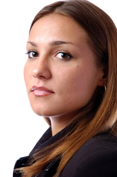 Happy young woman portrait in black suit — Stock Photo, Image